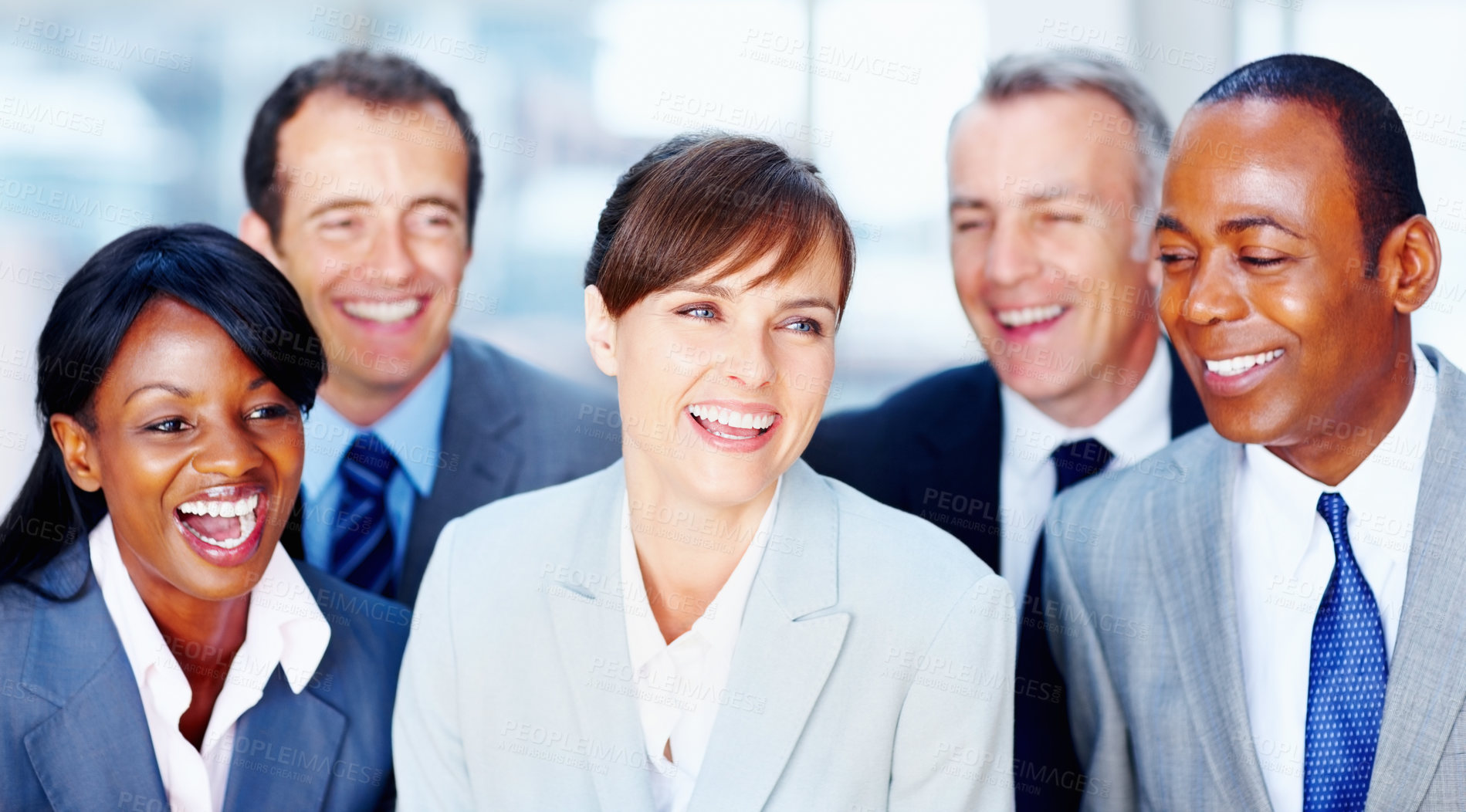 Buy stock photo Happy business people, diversity or laughing with team for funny joke, social or building at office. Group of excited employees or diverse colleagues with smile in unity or colalboration at workplace