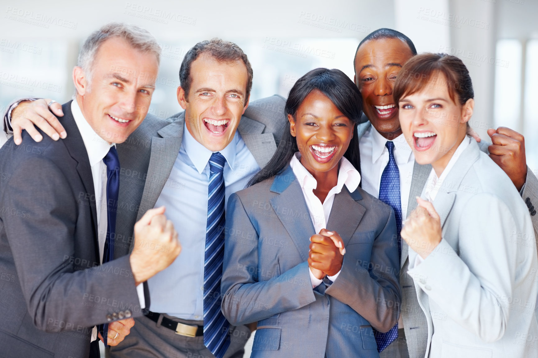 Buy stock photo Portrait of multi ethnic business people celebrating success