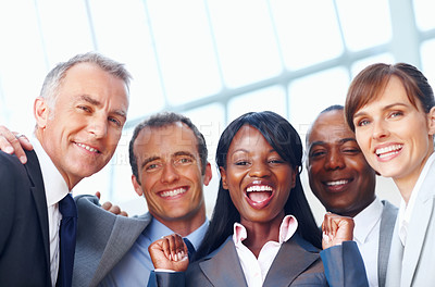 Buy stock photo Closeup portrait of an excited business woman with her colleagues