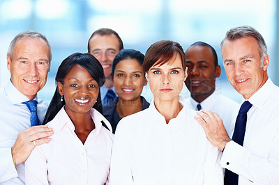 Buy stock photo Corporate, teamwork and portrait of business people in office for confidence, career pride or collaboration. Professional, diversity and employees for legal consultant, solidarity or company growth