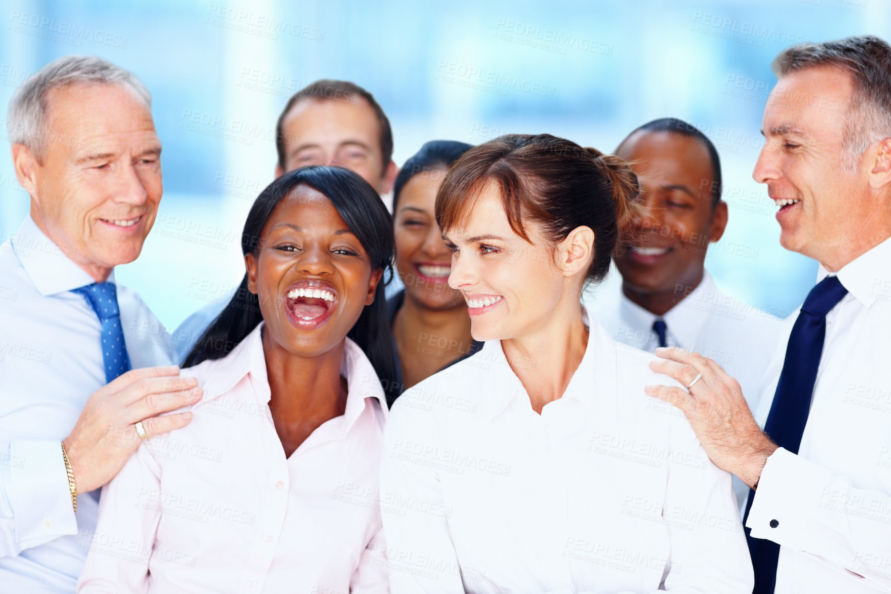 Buy stock photo Lawyers, corporate and group of business people in office for confidence, career pride or collaboration. Professional, diversity and legal employees for consulting, solidarity or company growth