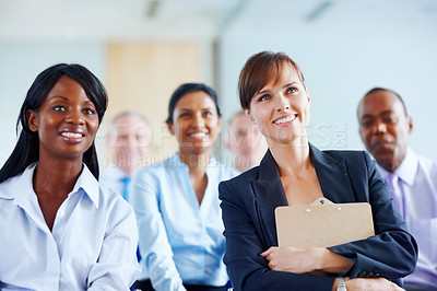 Buy stock photo Happy business people, meeting and presentation in seminar or corporate workshop at office. Group of employees smile and listening to talk in staff training or team conference together at workplace
