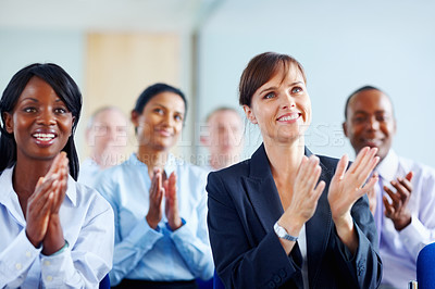 Buy stock photo Businesspeople, success and applause for presentation at seminar, trade show or conference in New York. Diverse group, staff or crowd with smile, happy or clapping in excitement for speaker for pride