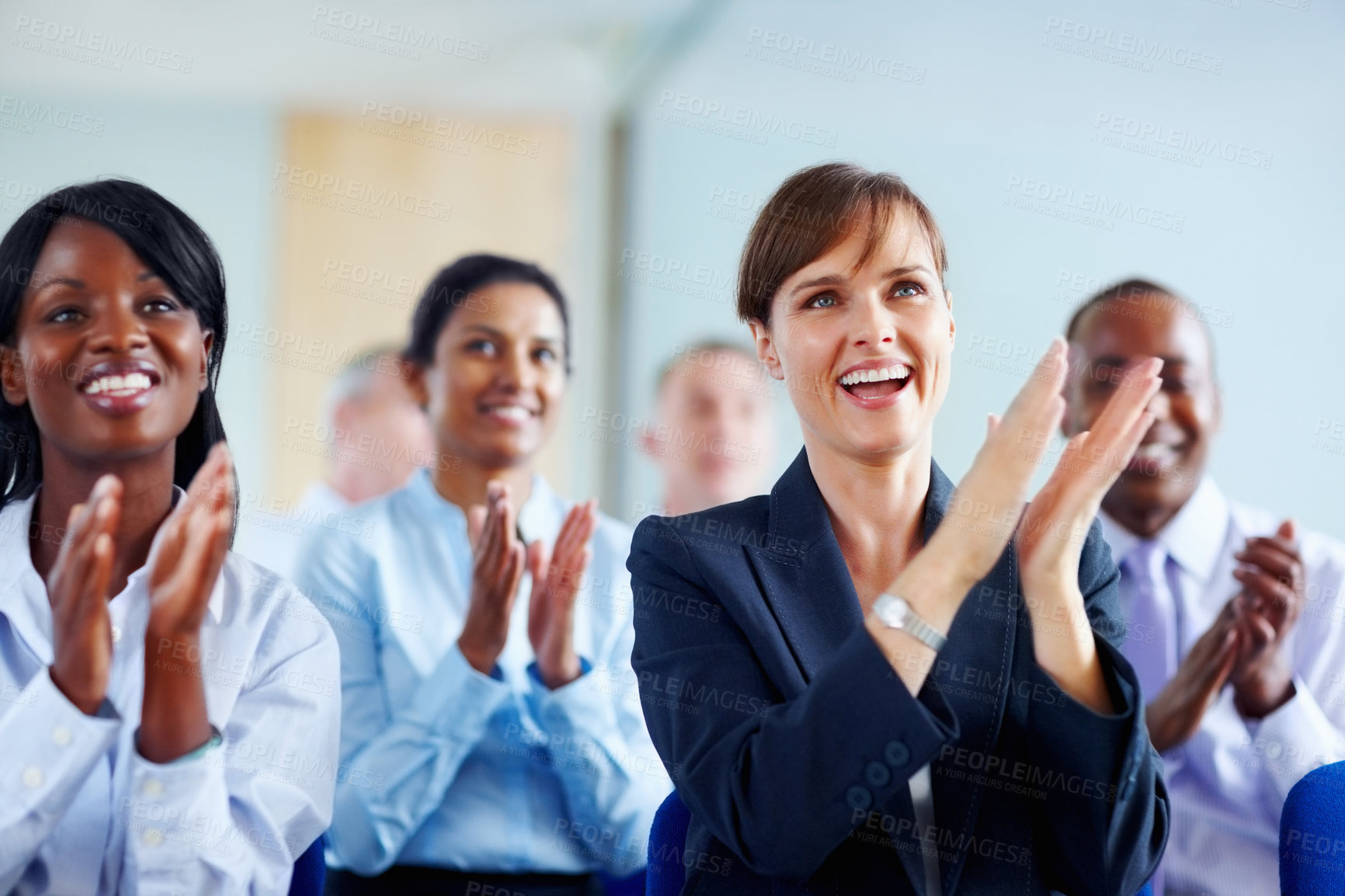 Buy stock photo Corporate, people and applause for presentation at conference, workshop or seminar in New York. Diverse group, female manager and excitement in audience with smile, happy and clapping for speaker