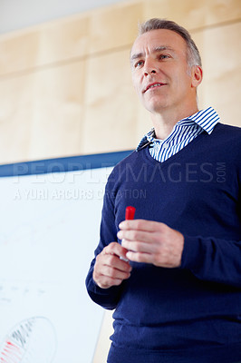 Buy stock photo Businessman, whiteboard and thinking for presentation in boardroom for seminar, tradeshow or conference in New York. Corporate person, male ceo or mentor with pen for notes, discussion or planning