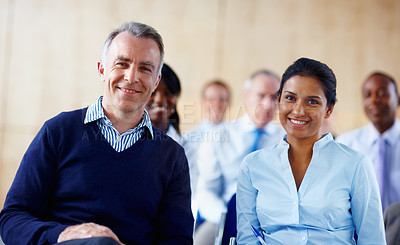 Buy stock photo Audience, conference and portrait of business people in meeting for tradeshow, seminar and presentation in office. Corporate, company and happy men and woman for workshop, training and team building