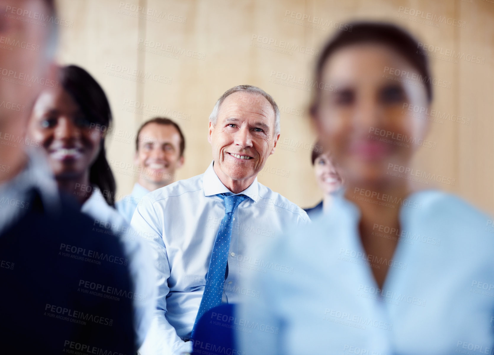 Buy stock photo Office, conference and business people in meeting for discussion, seminar and presentation audience. Corporate, company and happy men and women sitting for workshop, training and team building