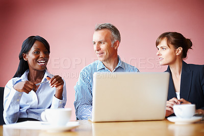 Buy stock photo Teamwork, business people and meeting with a laptop in the boardroom for planning or strategy. Smile, collaboration or diversity with corporate men and women working on a computer for company vision