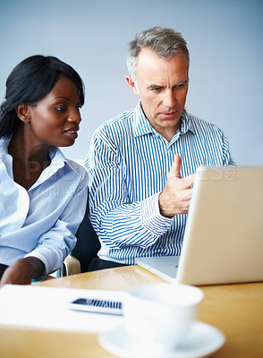 Buy stock photo Conversation, teamwork and business people with a laptop, meeting and discussion with planning, project and internet. Cooperation, staff and black woman with man, computer and research with ideas