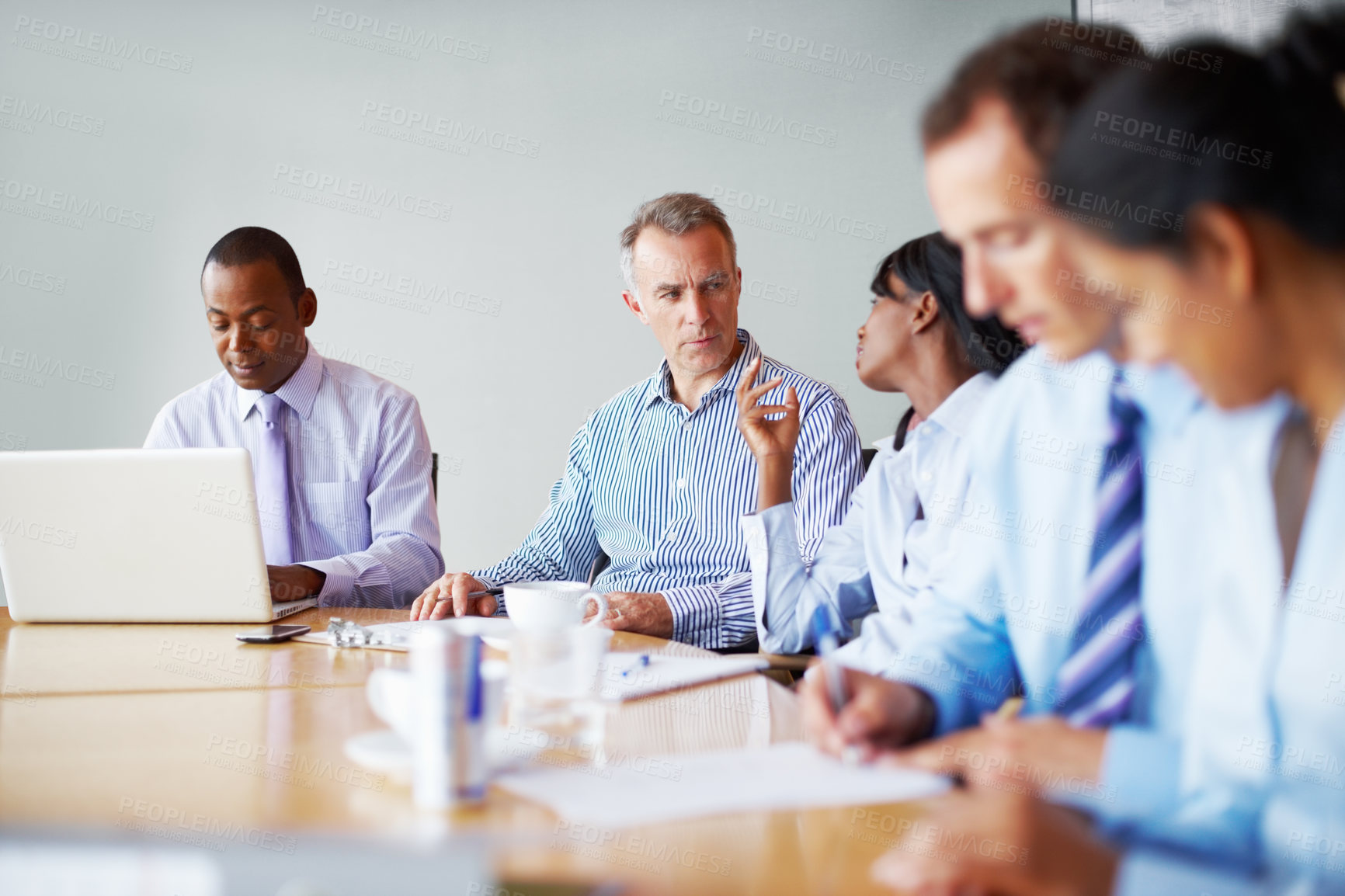 Buy stock photo Cooperation, business people and meeting with a laptop, brainstorming and support with ideas, planning and project. Group, manager and employees with a pc, teamwork and solidarity with diversity