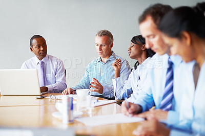 Buy stock photo Teamwork, business people and meeting with a laptop, brainstorming and cooperation with ideas, planning and project. Group, manager and employees with a pc, support and solidarity with diversity