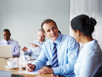 Buy stock photo Business people, meeting and man with woman, conversation and planning with brainstorming, support and coaching. Solidarity, staff and manager with employees, discussion and project with professional