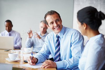 Buy stock photo Business people, conversation and meeting for teamwork, brainstorming or project with company development. Staff, group and discussion with cooperation, planning and collaboration with idea and smile