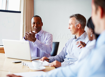 Buy stock photo Business people, meeting and teamwork with planning, laptop and brainstorming in a workplace. Staff, group and manager with employees, cooperation or collaboration with partnership and website design