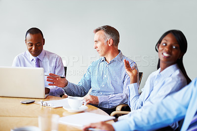 Buy stock photo Business people, teamwork and laptop with ideas, planning and conversation with collaboration, website and cooperation. Group, meeting and man with women, diversity and pc with support and project