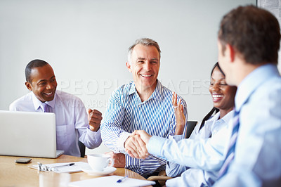 Buy stock photo Business people, handshake and celebration for meeting success, b2b deal and congratulations or thank you. Professional clients or mature manager shaking hands with yes, excited and group negotiation