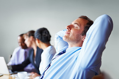 Buy stock photo Hands, head and business man relax in office or chair to finish work, project and productivity. Corporate worker, team and happy person resting, smile and calm in meeting for break, peace and tired