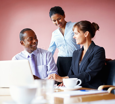 Buy stock photo Collaboration, corporate people and meeting with a laptop in the boardroom for planning or strategy. Smile, teamwork or diversity with business men and women working on a computer for company vision