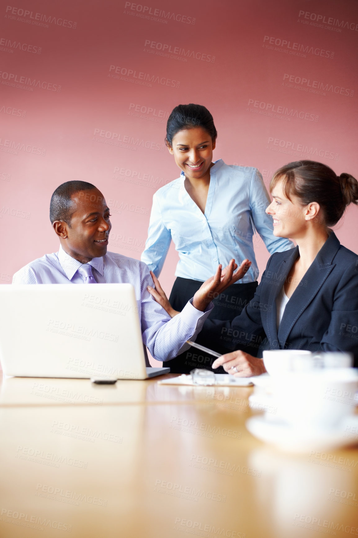 Buy stock photo Collaboration, business people and meeting with a laptop in the boardroom for planning or strategy. Smile, teamwork or diversity with corporate men and women working on a computer for company vision