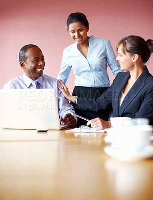 Buy stock photo Business people, teamwork and laptop with planning, ideas and web design with collaboration, partnership and cooperation. Group, meeting or man with women, office and computer with support or project