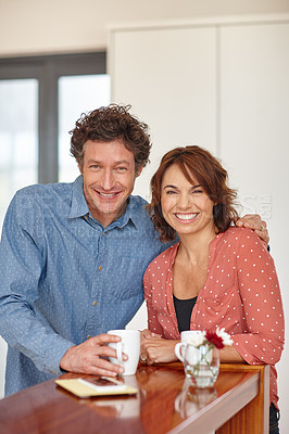 Buy stock photo Portrait of a happy mature couple spending time together at home