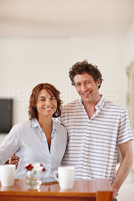 Buy stock photo Portrait of a happy mature couple spending time together at home