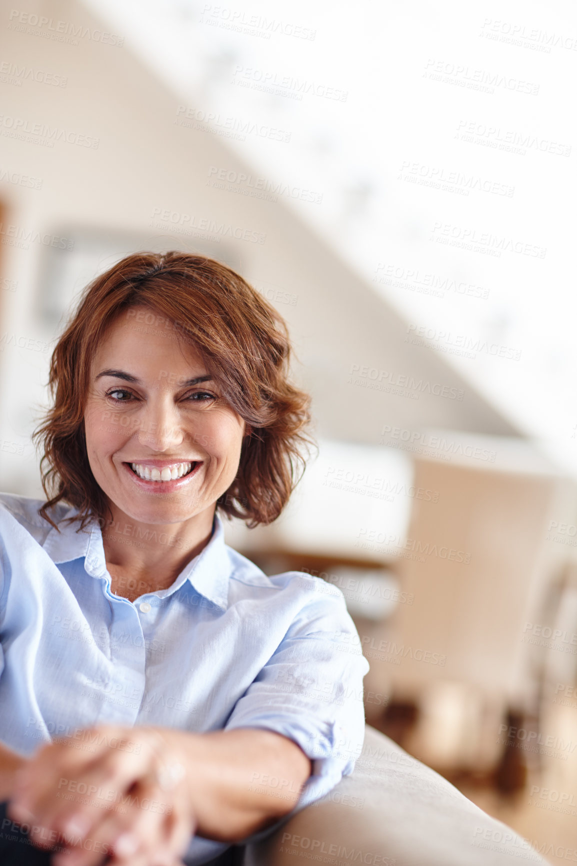 Buy stock photo Break, portrait and smile with mature woman on sofa in living room of home for me time or wellness. Comfortable, morning and relax with happy person in apartment for peace or quiet on weekend