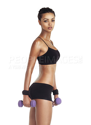 Buy stock photo Fitness, weight and portrait of a black woman training for healthy lifestyle and exercise. White background, isolated and health lifestyle of a woman in underwear for body cardio and workout