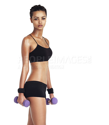 Buy stock photo Sport dumbbell, training and portrait of a black woman workout for healthy lifestyle and exercise. White background, isolated and health of a woman athlete in underwear for body cardio and sports