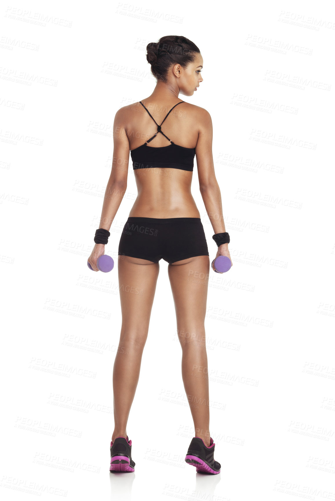 Buy stock photo Back, training and black woman with weight and dumbbells for sports, fitness and workout. Healthy, woman model and athlete with isolated, studio and white background ready for exercise and diet