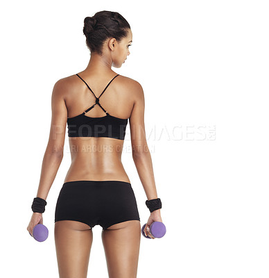 Buy stock photo Back, sport and black woman exercise with weight and dumbbells for sports, fitness and workout. Healthy, woman model and athlete with isolated, studio and white background ready for weightlifting