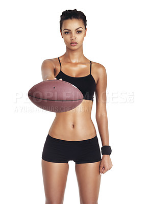 Buy stock photo Sports, studio portrait and woman with football for exercise fitness, competition game or performance challenge. Health wellness, workout and training football player isolated on white background