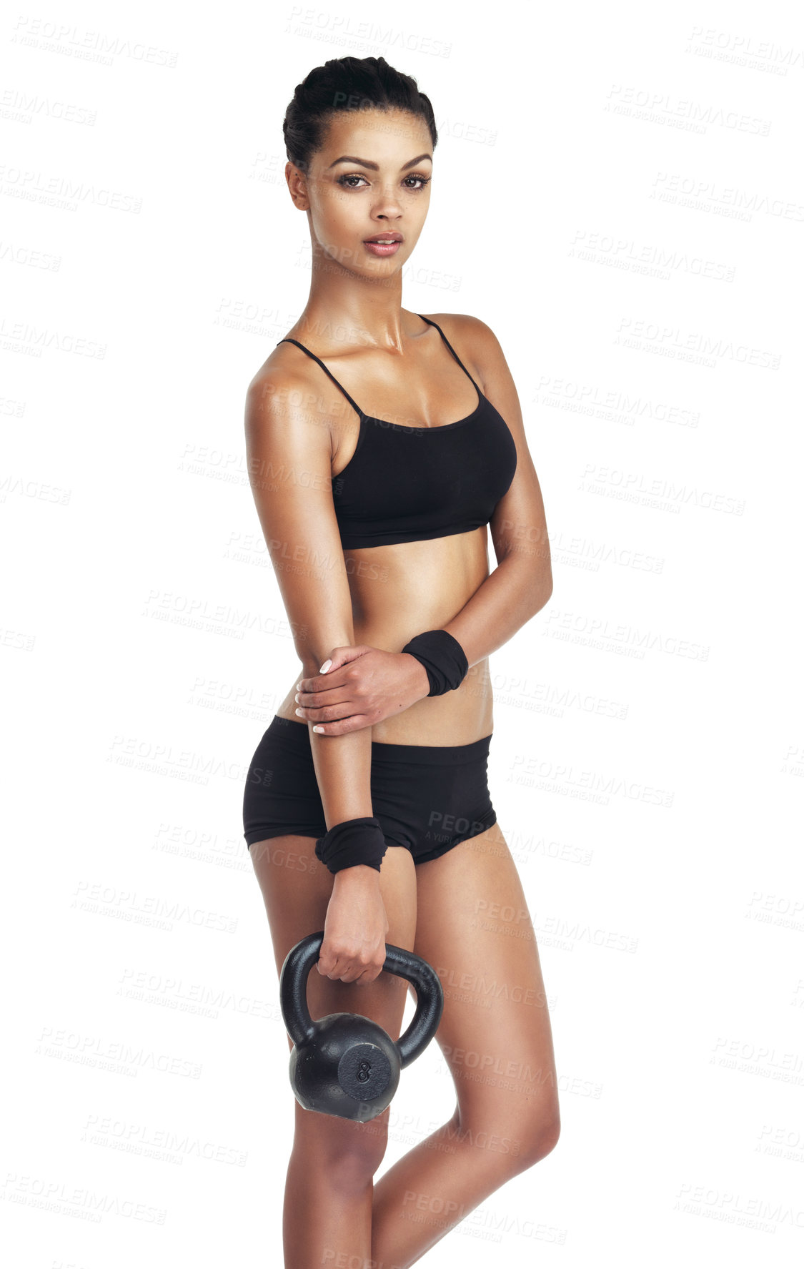 Buy stock photo Muscle workout, portrait or black woman with kettlebell training for fitness goals, weight loss diet or studio bodybuilding. Health wellness, arm exercise or athlete girl isolated on white background