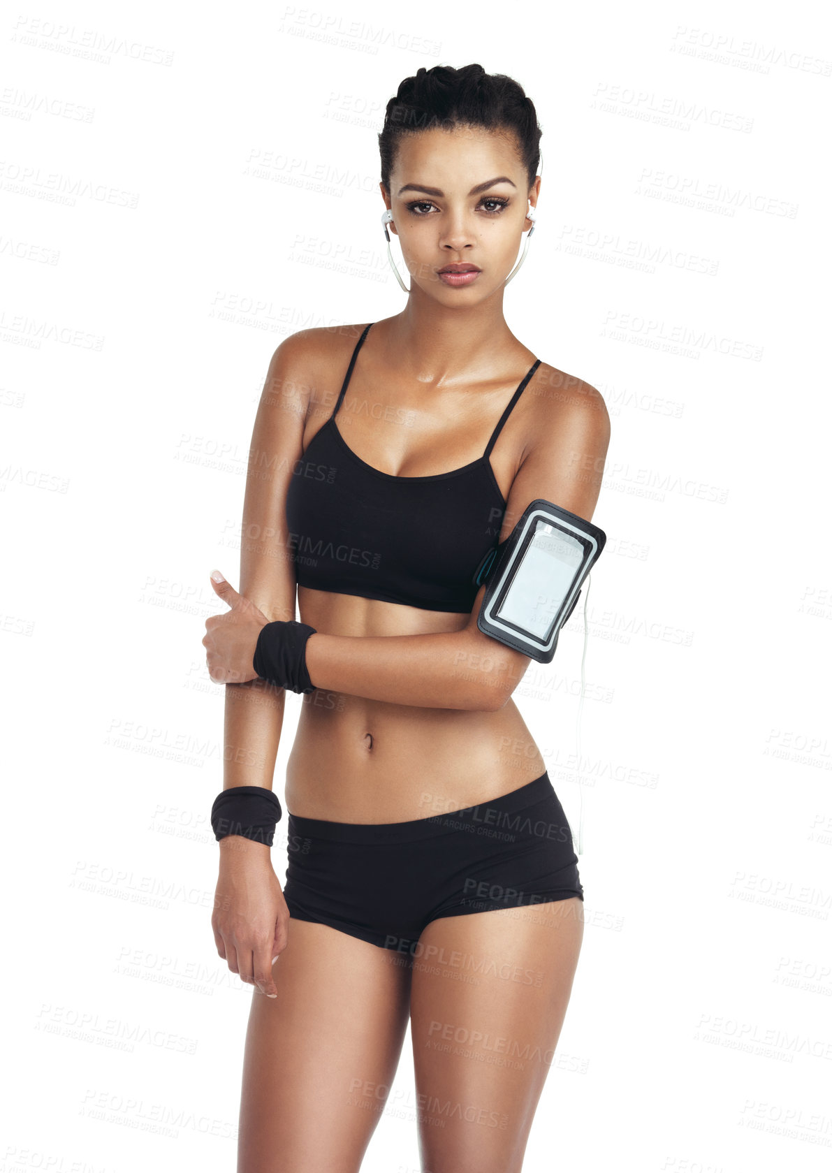 Buy stock photo Music, fitness and sports with woman and phone for workout, health and cardio training. Podcast, mobile radio and motivation with portrait girl listening to earphones for exercise, streaming and goal