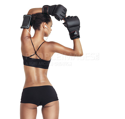Buy stock photo Sports music, studio boxing and black woman ready for exercise fitness, performance challenge or competition mockup. Health, workout and back of training boxer isolated on mock up white background