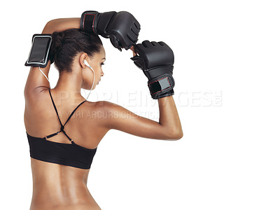 Buy stock photo Sports music, studio boxer and black woman ready for exercise fitness, muscle challenge or competition mockup. Health, boxing workout and back of training girl isolated on mock up white background