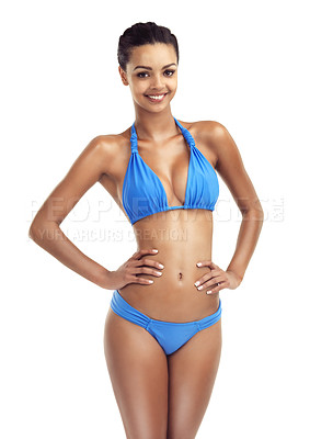 Buy stock photo Studio shot of a beautiful brunette model in a bikini isolated on white
