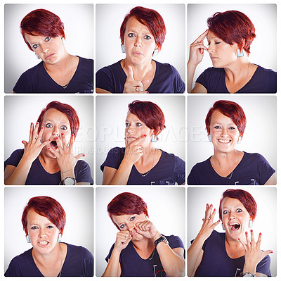 Buy stock photo Collage, woman and emotions with hair dye in studio on white background for treatment, personality and funny. Female person, isolated and facial expression with red head, face and portrait or feeling