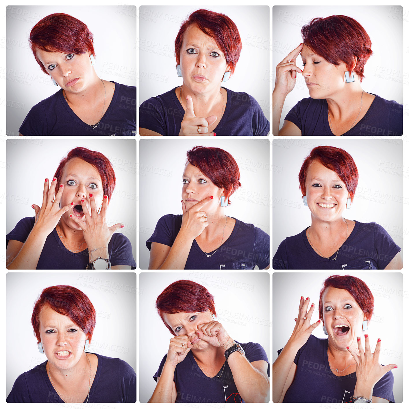 Buy stock photo Collage, woman and emotions with hair dye in studio on white background for treatment, personality and funny. Female person, isolated and facial expression with red head, face and portrait or feeling