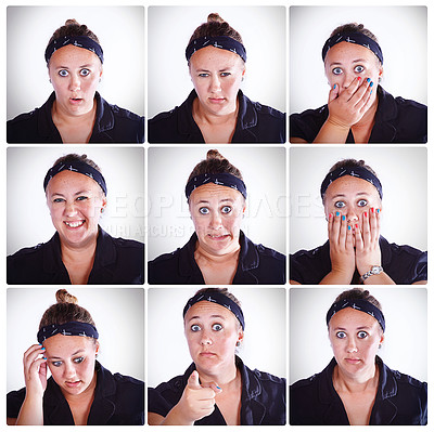 Buy stock photo Emotions, collage and portrait of woman in studio for shock, surprise or gossip on white background. Female person, reaction and personality in face with expression for news, information or happiness