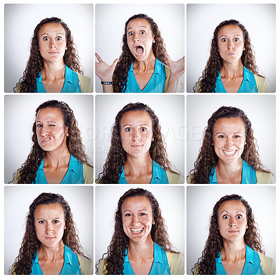 Buy stock photo Woman, composite and collage with facial expressions in studio with funny or joyful in portrait with happy. Emotions, comedy and sequence with closeup for multiple shots for photo strip in booth