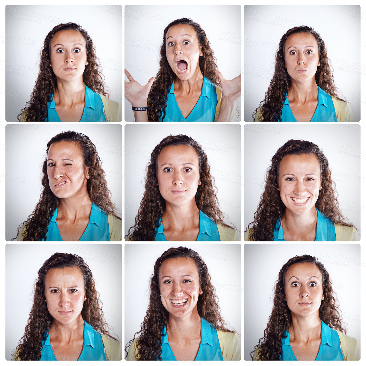 Buy stock photo Woman, composite and collage with facial expressions in studio with funny or joyful in portrait with happy. Emotions, comedy and sequence with series of multiple shots for photo strip in booth.