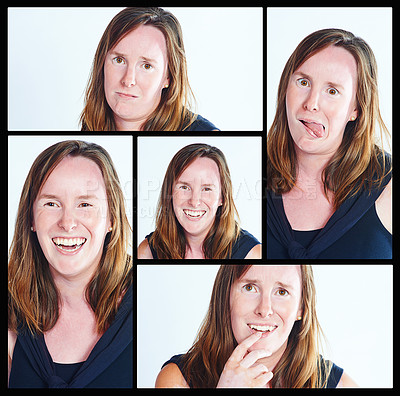 Buy stock photo Collage, woman and portrait in studio with funny face, happiness and acting crazy. Composite, female person and isolated by white background with comic emotions, meme comedy and joke for photography