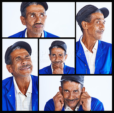 Buy stock photo Senior, man and collage with funny expressions for comedy, humor or personality in montage. Elderly male person or janitor with smile in collection, frame or series of silly or goofy emotions or pose