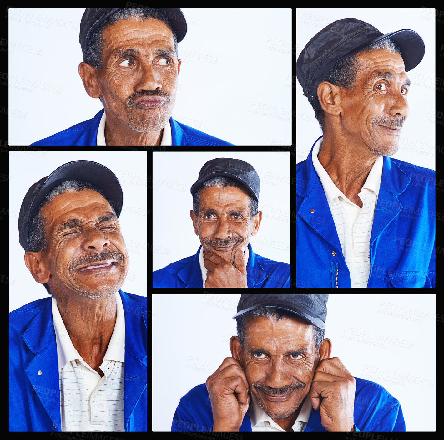 Buy stock photo Senior, man and collage with funny expressions for comedy, humor or personality in montage. Elderly male person or janitor with smile in collection, frame or series of silly or goofy emotions or pose