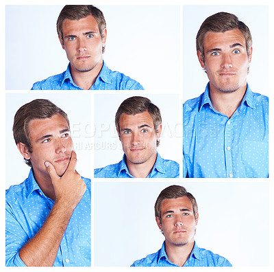Buy stock photo Studio, portrait and man in box collage on a white background with different, expression or gesture. Face, reaction and stage of thinking, questions and process, information and planning for solution