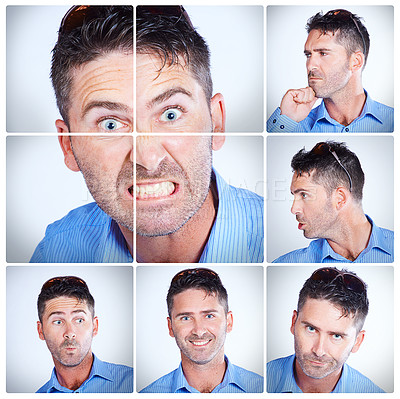 Buy stock photo Businessman, portrait and collage with facial expressions, humor or comedy in montage. Handsome model or male person with split personality in collection, frame or series of silly or goofy emotions