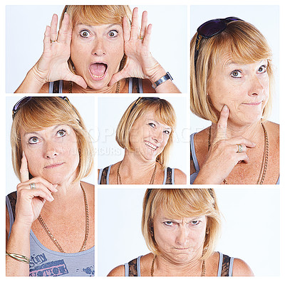 Buy stock photo Woman, collage and facial expressions in studio with humour or funny emotions as comedian. Female person, face and idea with different gestures for positive personality as happy or thinking attitude