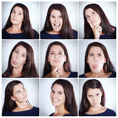 Buy stock photo Collage, face and woman with emotions in studio on white background for fun, personality and funny. Female person, isolated and facial expressions as gen z, collection and portrait with feelings