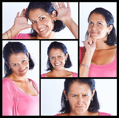 Buy stock photo Woman, collage and silly faces with funny expression for comedy, humor or personality in montage. Young female person or model with collection, frame or series of goofy poses or angles in composition